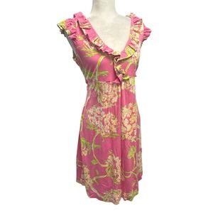 Lilly Pulitzer Womens Mini Dress Sz L Pink Floral Ruffle V Neck Resort Babydoll